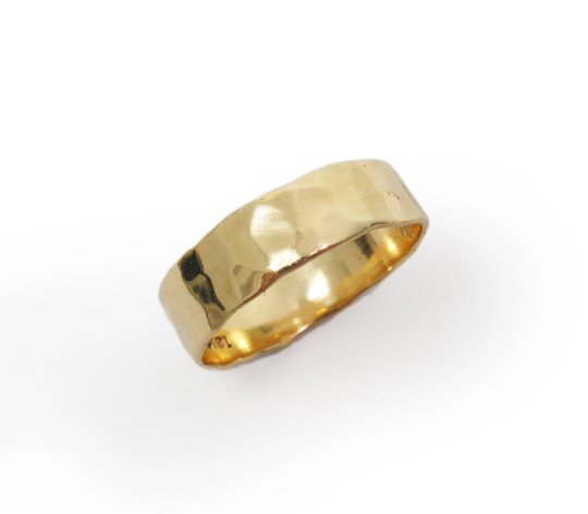 Shiny 18k yellow gold 5 mm wide hammered band  (297)