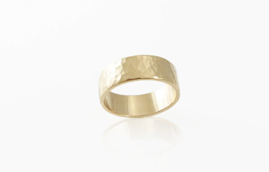 14K Yellow gold Hammered thick wedding ring 7.3mm