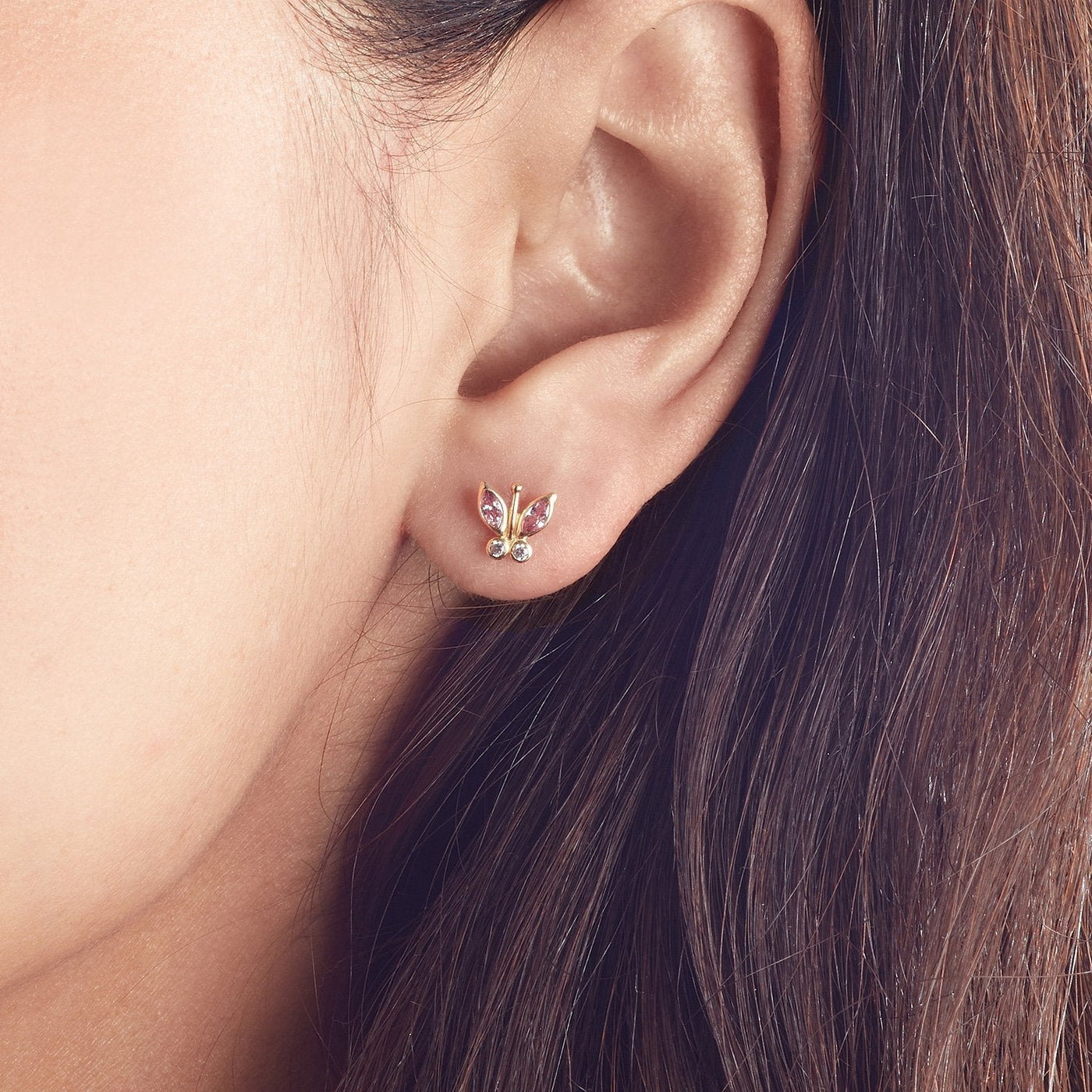 white gold butterfly studs with pink and clear zircon