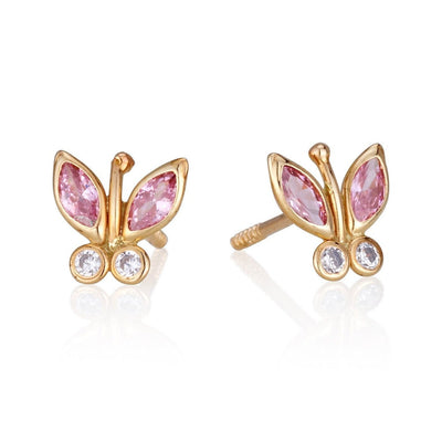 white gold butterfly studs with pink and clear zircon