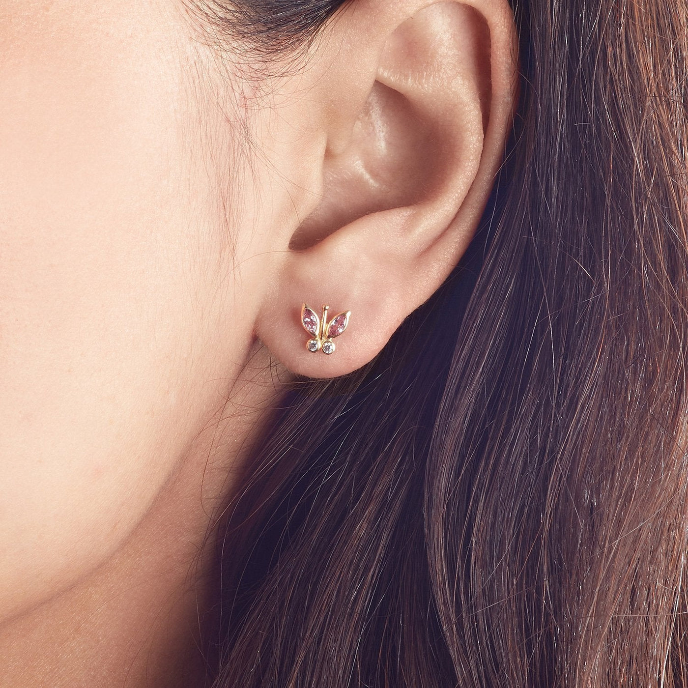 gold butterfly studs with pink and clear zircon