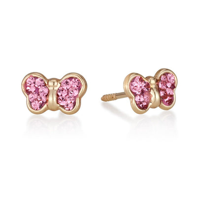 YELLOW GOLD 5.5MM butterfly STUDS WITH PINK ZIRCON