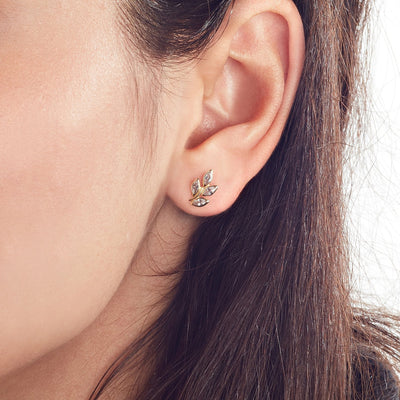 white GOLD Leaf-shaped stud earrings with zircons