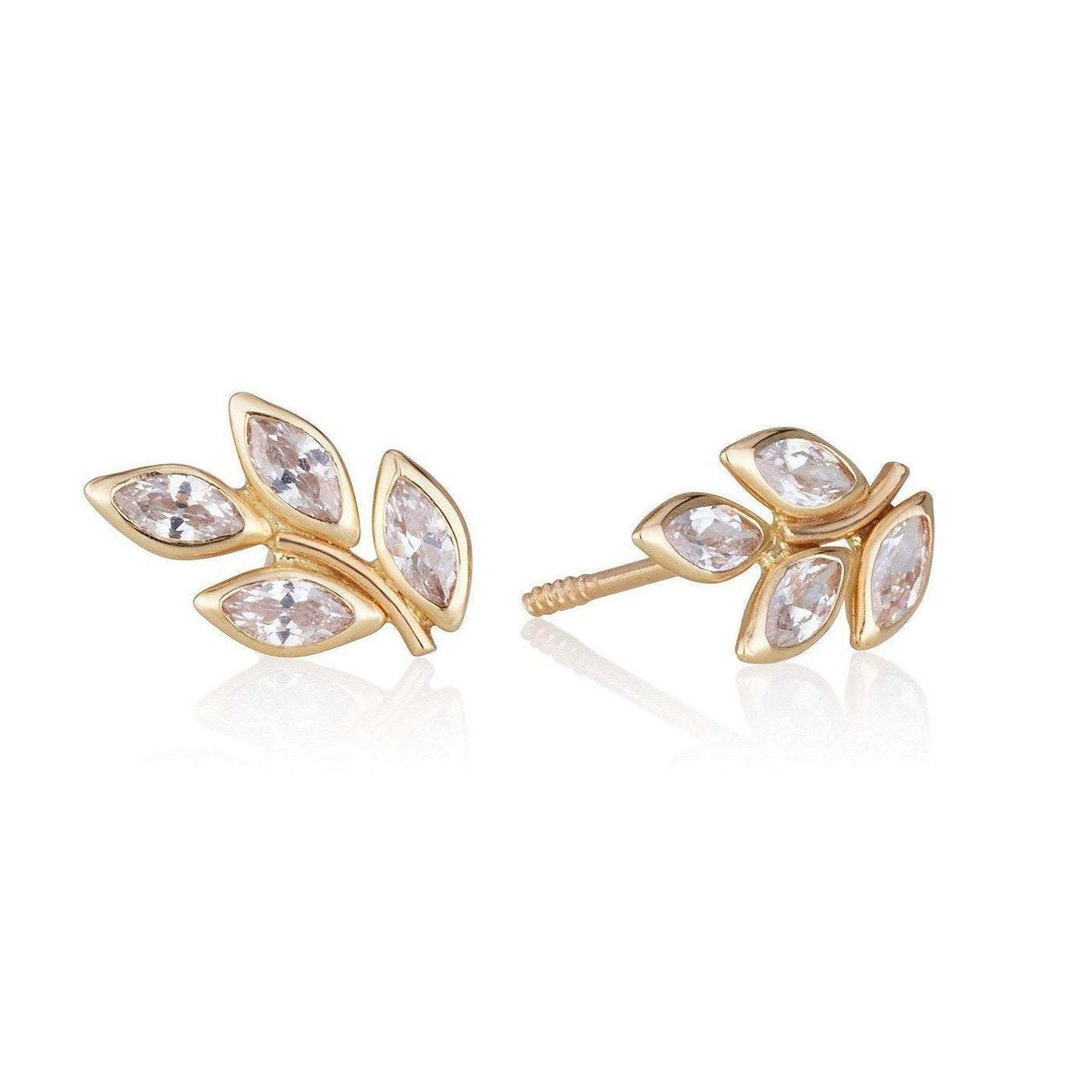 white GOLD Leaf-shaped stud earrings with zircons