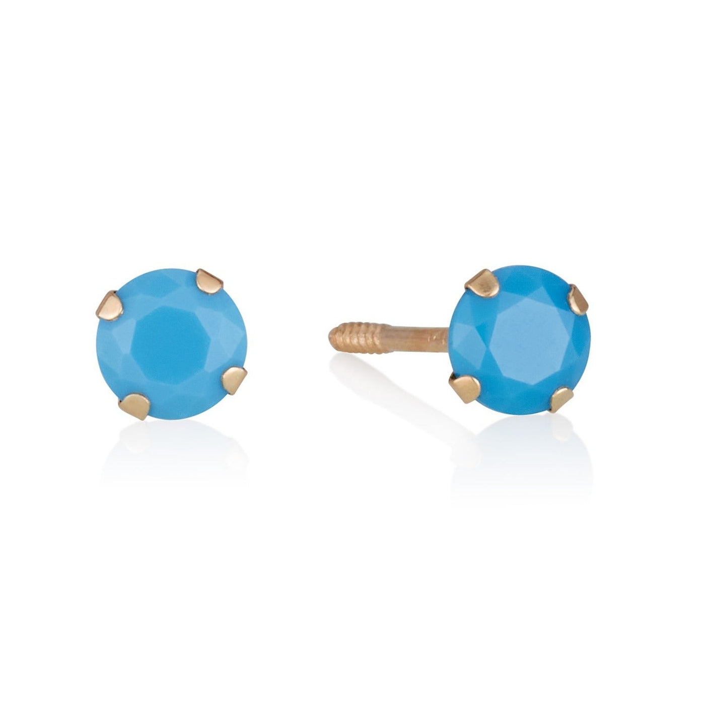 gold 4mm stud earrings with blue stone