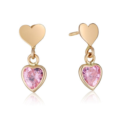 gold heart earrings with pink heart zircon