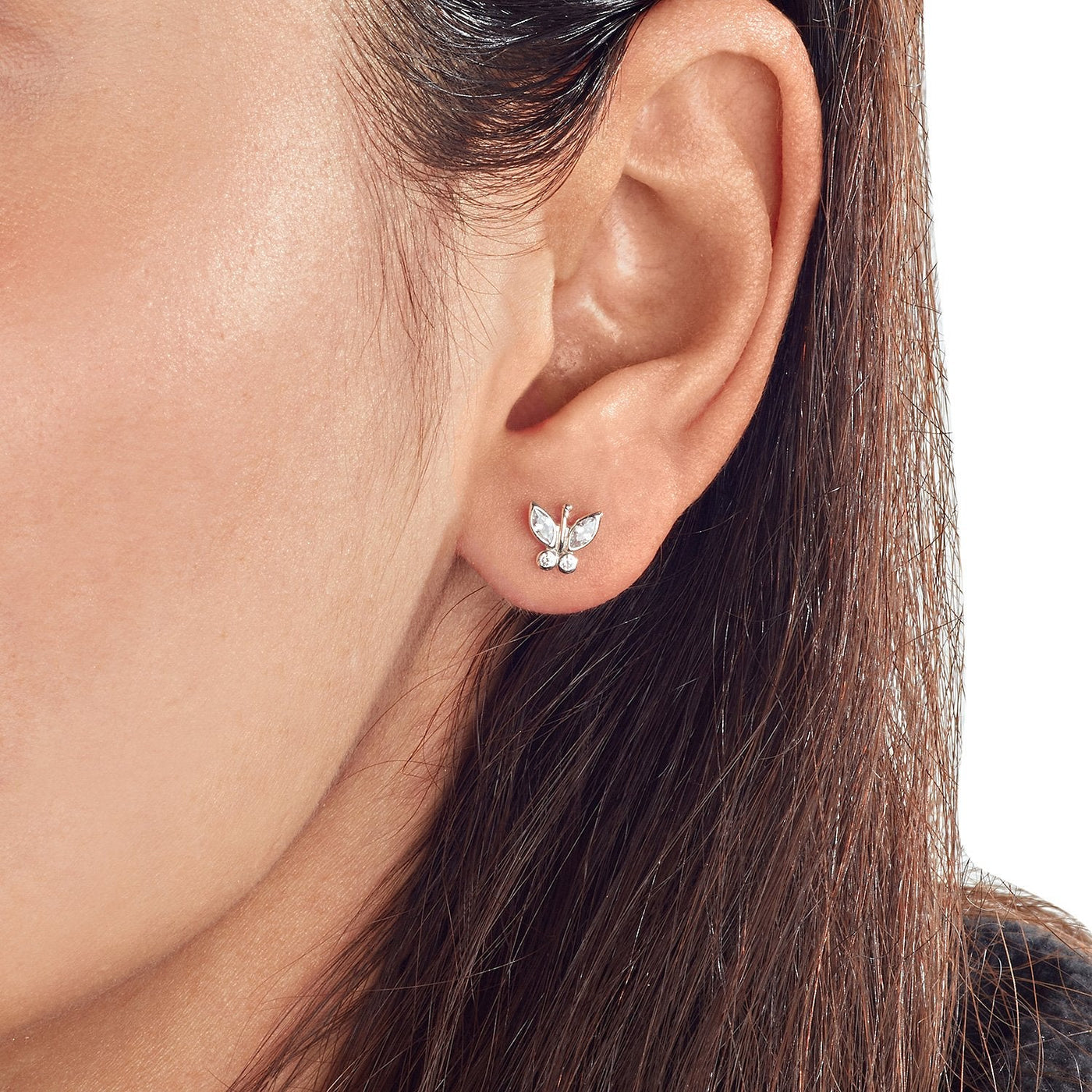 WHITE GOLD BUTTERFLY STUDS WITH CLEAR ZIRCON