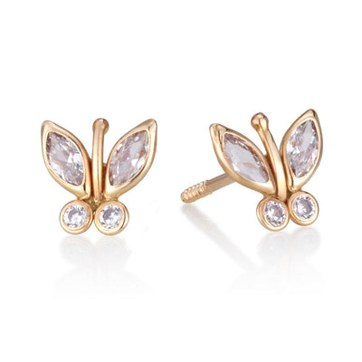 GOLD BUTTERFLY STUDS WITH CLEAR ZIRCON