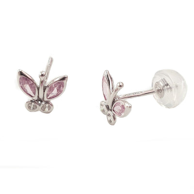 gold butterfly studs with pink and clear zircon