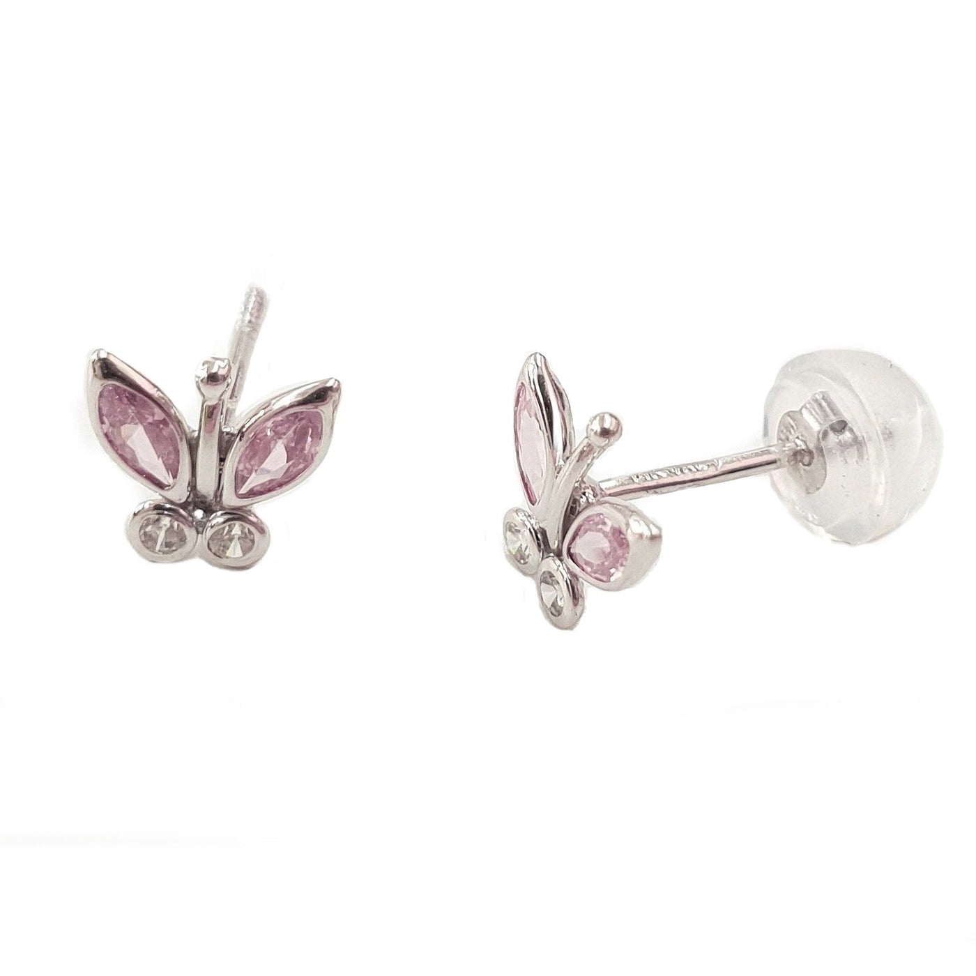 white gold butterfly studs with pink and clear zircon