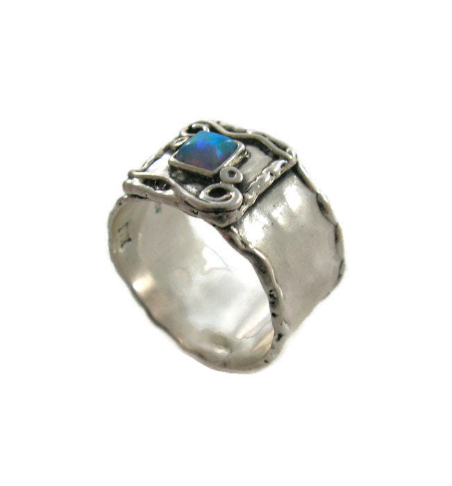 Wide silver opal ring