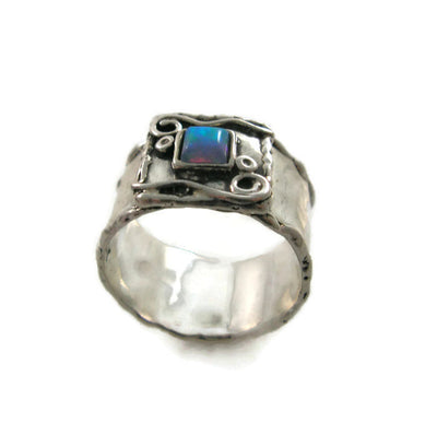 Wide silver opal ring