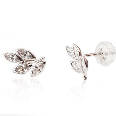 white GOLD Leaf-shaped stud earrings with zircons